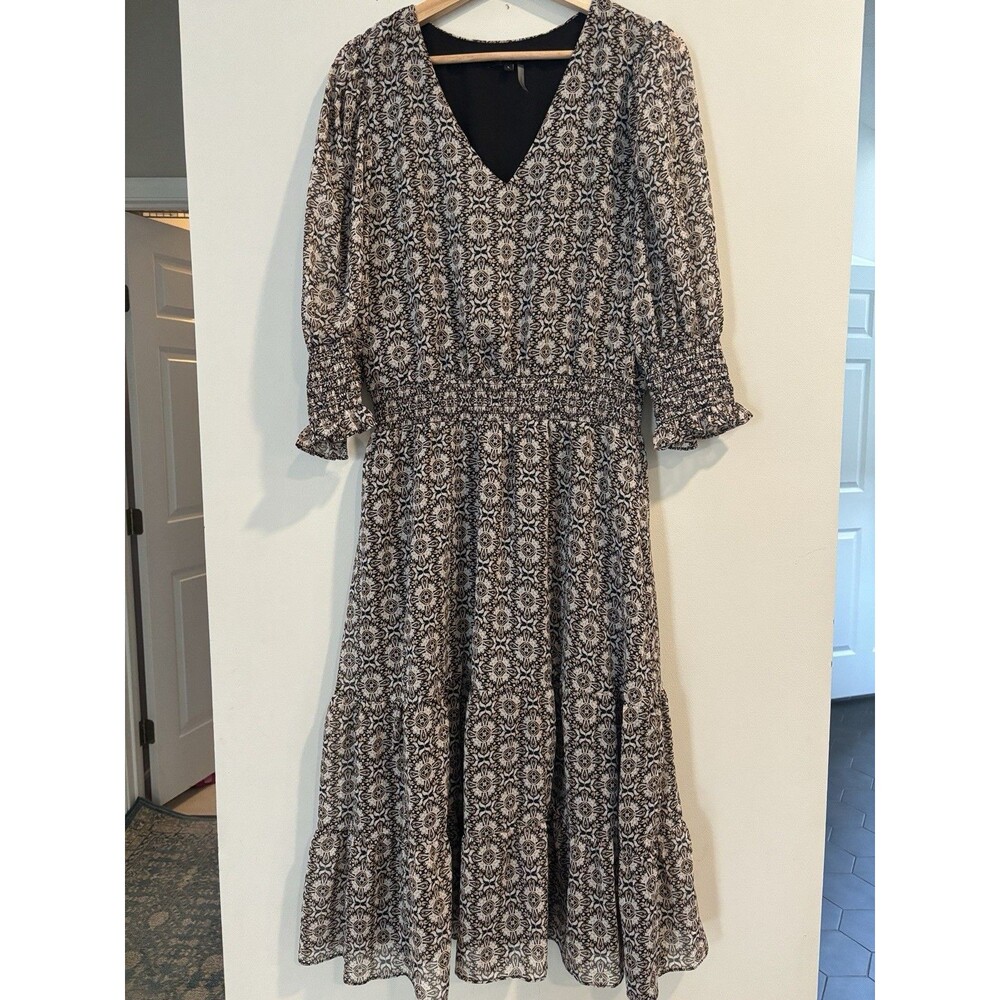 Geometric Women’s‎ Large Feminine Modest Midi Dress EUC Brown Prariecore